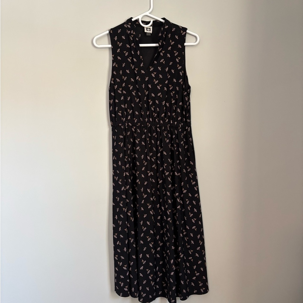 Anne Klein Black Dress with Pink Floral Pattern with pockets